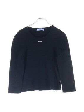 Prada Logo Embroidered Crew Neck Knit Black Flat